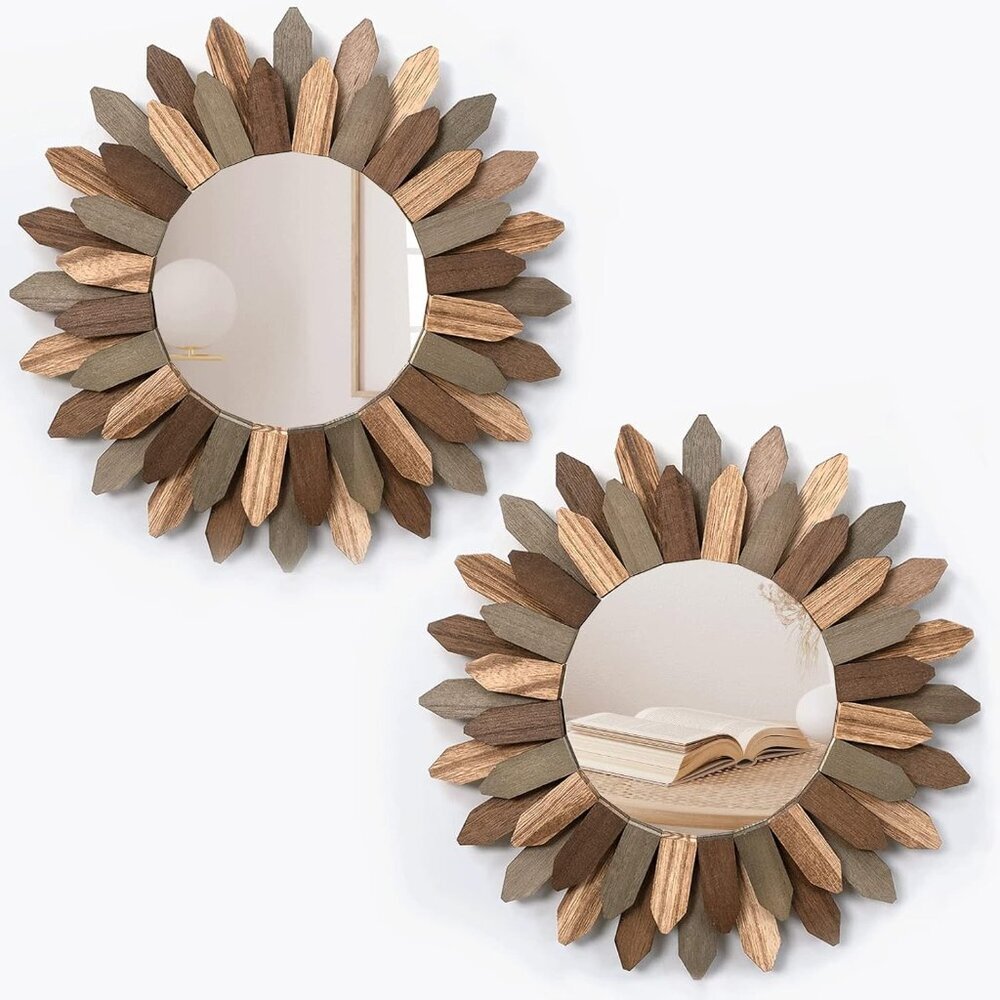 Boho Wall Decor Mirror 2 Pack 12 inch Rustic Wood Decorative Mirror for Room Dec